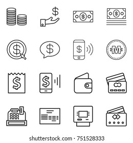thin line icon set : coin stack, investment, money, dollar arrow, message, phone pay, crypto currency, receipt, mobile, wallet, credit card, cashbox, invoice, atm
