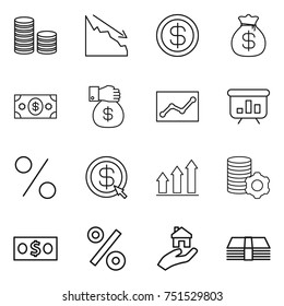 thin line icon set : coin stack, crisis, dollar, money bag, gift, statistics, presentation, percent, arrow, graph up, virtual mining, real estate