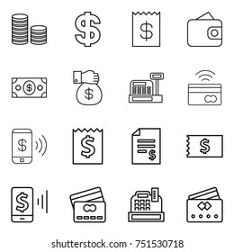 thin line icon set : coin stack, dollar, receipt, wallet, money, gift, cashbox, tap to pay, phone, account balance, mobile, credit card