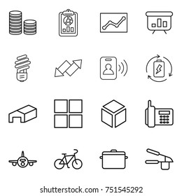 thin line icon set : coin stack, report, statistics, presentation, bulb, up down arrow, pass card, battery charge, warehouse, window, 3d, phone, plane, bike, pan, garlic clasp