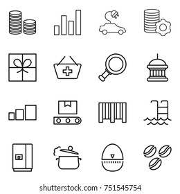 thin line icon set : coin stack, graph, electric car, virtual mining, gift, add to basket, magnifier, goverment house, sorting, transporter tape, bar code, pool, fridge, steam pan, egg timer