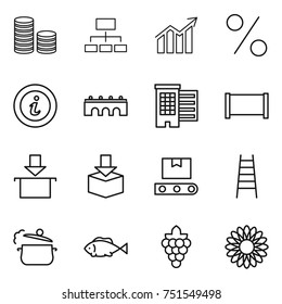 thin line icon set : coin stack, hierarchy, diagram, percent, info, bridge, houses, fence, package, transporter tape, stairs, steam pan, fish, grape, flower