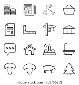 thin line icon set : coin stack, newspaper, electric car, basket, account balance, ruler, tower crane, greenhouse, sms, bungalow, water tap, bath, mushroom, pig, spruce