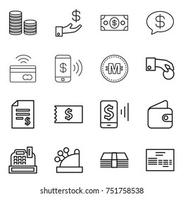 thin line icon set : coin stack, investment, money, message, tap to pay, phone, crypto currency, hand, account balance, receipt, mobile, wallet, cashbox, invoice