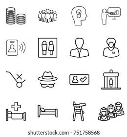 thin line icon set : coin stack, team, bulb head, presentation, pass card, wc, client, support manager, do not trolley sign, confidential, check in, detector, hospital, bed, Chair for babies