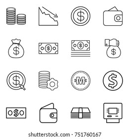 thin line icon set : coin stack, crisis, dollar, wallet, money bag, gift, arrow, virtual mining, crypto currency, atm