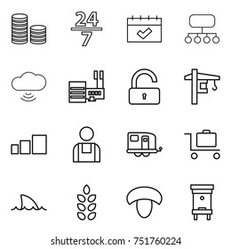 thin line icon set : coin stack, 24 7, calendar, structure, cloud wireless, mall, unlock, tower crane, sorting, workman, trailer, baggage trolley, shark flipper, spikelets, mushroom, hive