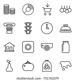 thin line icon set : coin stack, circle diagram, add to cart, sale, column, traffic light, clock, service bell, home, ring button, surveillance camera, bank, pear, tomato, garbage bag, spot