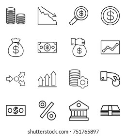 thin line icon set : coin stack, crisis, dollar magnifier, money bag, gift, statistics, core splitting, graph up, virtual mining, hand, percent, library