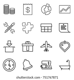 thin line icon set : coin stack, receipt, circle diagram, statistics, pencil wrench, puzzle, market, shopping list, package, hi quality, airplane, heart pendant, watch, bell, coffee maker, bath