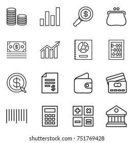 thin line icon set : coin stack, graph, dollar magnifier, purse, money, diagram, annual report, abacus, arrow, account balance, wallet, credit card, bar code, calculator, library