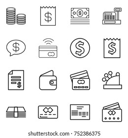 thin line icon set : coin stack, receipt, money, cashbox, message, tap to pay, dollar, account balance, wallet, credit card, invoice
