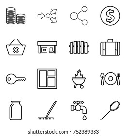 thin line icon set : coin stack, core splitting, molecule, dollar, delete cart, gas station, fence, suitcase, key, window, bbq, fork spoon plate, bank, rake, water tap, duster