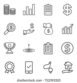 thin line icon set : coin stack, graph, clipboard, dollar, magnifier, investment, money gift, diagram, trophy, target, medal, mobile checking, golf, housing