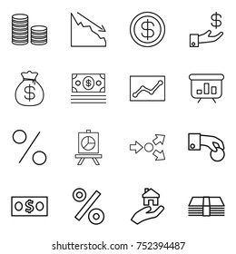 thin line icon set : coin stack, crisis, dollar, investment, money bag, statistics, presentation, percent, core splitting, hand, real estate