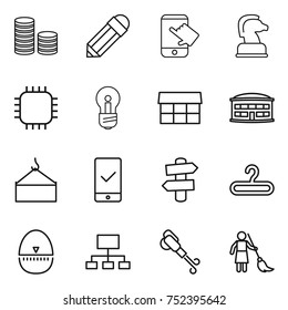 thin line icon set : coin stack, pencil, touch, chess horse, chip, bulb, market, airport building, loading crane, mobile checking, signpost, hanger, egg timer, hierarchy, blower, brooming