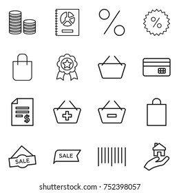 thin line icon set : coin stack, annual report, percent, shopping bag, medal, basket, credit card, account balance, add to, remove from, sale, bar code, real estate