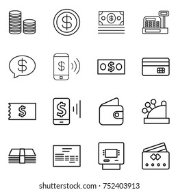 thin line icon set : coin stack, dollar, money, cashbox, message, phone pay, credit card, receipt, mobile, wallet, invoice, atm
