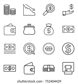 thin line icon set : coin stack, crisis, dollar magnifier, investment, wallet, purse, money bag, arrow, crypto currency, atm