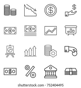 thin line icon set : coin stack, crisis, dollar, investment, money, statistics, presentation, graph up, virtual mining, hand, percent, library