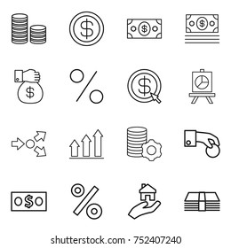 thin line icon set : coin stack, dollar, money, gift, percent, arrow, presentation, core splitting, graph up, virtual mining, hand, real estate
