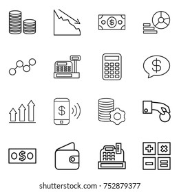 thin line icon set : coin stack, crisis, money, diagram, graph, cashbox, calculator, message, up, phone pay, virtual mining, hand, wallet
