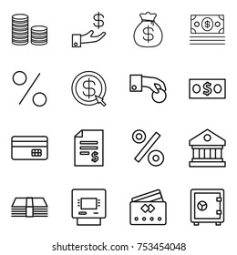 thin line icon set : coin stack, investment, money bag, percent, dollar arrow, hand, credit card, account balance, library, atm, safe