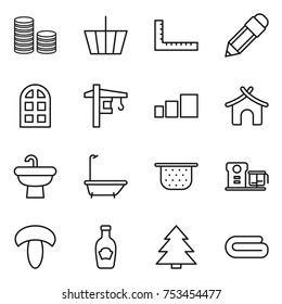 thin line icon set : coin stack, basket, ruler, pencil, arch window, tower crane, sorting, bungalow, sink, bath, colander, food processor, mushroom, ketchup, spruce, towel