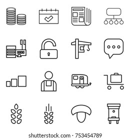thin line icon set : coin stack, calendar, newspaper, structure, mall, unlock, tower crane, sms, sorting, workman, trailer, baggage trolley, spikelets, mushroom, hive