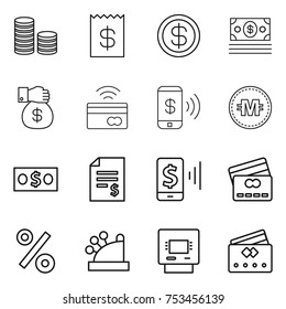 thin line icon set : coin stack, receipt, dollar, money, gift, tap to pay, phone, crypto currency, account balance, mobile, credit card, percent, cashbox, atm
