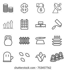 thin line icon set : coin stack, dollar, money gift, satellite antenna, graph up, building, block wall, repair, heavy, radiator, cutting board, plate washing, cook glove, seeds, corn, outsource