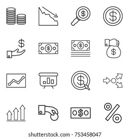 thin line icon set : coin stack, crisis, dollar magnifier, investment, money, gift, statistics, presentation, arrow, core splitting, graph up, hand, percent
