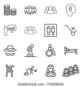 thin line icon set : coin stack, team, group, bulb head, presentation, wc, do not trolley sign, confidential, tourist, invalid, bed, Chair for babies, vacuum cleaner, outsource