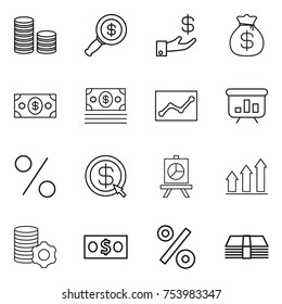 thin line icon set : coin stack, dollar magnifier, investment, money bag, statistics, presentation, percent, arrow, graph up, virtual mining