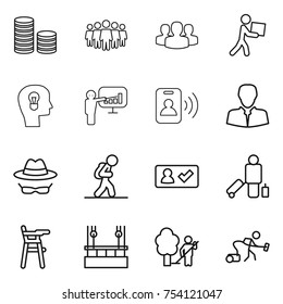 thin line icon set : coin stack, team, group, courier, bulb head, presentation, pass card, client, confidential, tourist, check in, passenger, Chair for babies, skysrcapers cleaning, garden