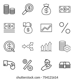 thin line icon set : coin stack, dollar magnifier, money bag, gift, statistics, percent, arrow, core splitting, graph up, virtual mining, hand, real estate