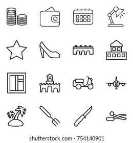 thin line icon set : coin stack, wallet, calendar, table lamp, star, shoes, bridge, cottage, window, fort, scooter shipping, plane, island, big fork, knife, scissors