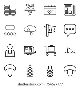 thin line icon set : coin stack, 24 7, calendar, newspaper, structure, cloude service, tower crane, sms, workman, trailer, baggage trolley, shark flipper, mushroom, spikelets