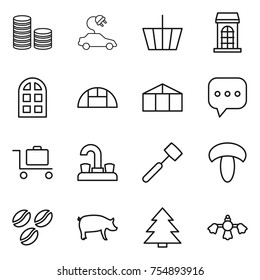 thin line icon set : coin stack, electric car, basket, building, arch window, greenhouse, sms, baggage trolley, water tap, meat hammer, mushroom, coffee seeds, pig, spruce, hard reach place cleaning