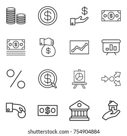 thin line icon set : coin stack, dollar, investment, money, gift, statistics, presentation, percent, arrow, core splitting, hand, library, real estate