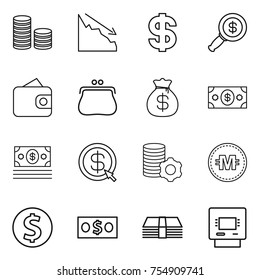 thin line icon set : coin stack, crisis, dollar, magnifier, wallet, purse, money bag, arrow, virtual mining, crypto currency, atm