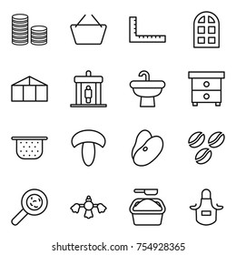 thin line icon set : coin stack, basket, ruler, arch window, greenhouse, detector, sink, nightstand, colander, mushroom, beans, coffee seeds, viruses, hard reach place cleaning, washing powder