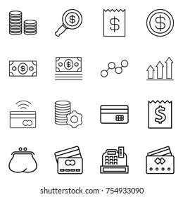 thin line icon set : coin stack, dollar magnifier, receipt, money, graph, up, tap to pay, virtual mining, credit card, purse, cashbox