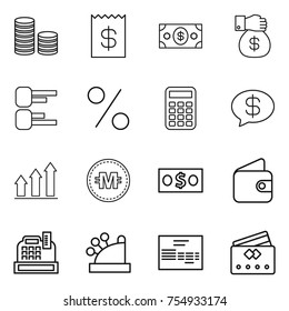 thin line icon set : coin stack, receipt, money, gift, diagram, percent, calculator, message, graph up, crypto currency, wallet, cashbox, invoice, credit card