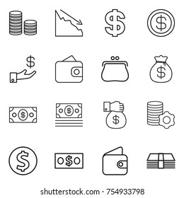 thin line icon set : coin stack, crisis, dollar, investment, wallet, purse, money bag, gift, virtual mining