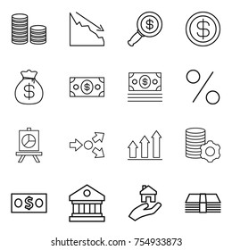thin line icon set : coin stack, crisis, dollar magnifier, money bag, percent, presentation, core splitting, graph up, virtual mining, library, real estate