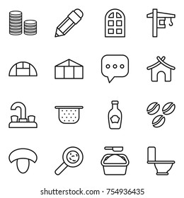 thin line icon set : coin stack, pencil, arch window, tower crane, greenhouse, sms, bungalow, water tap, colander, ketchup, coffee seeds, mushroom, viruses, washing powder, toilet
