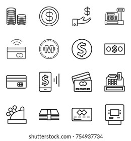 thin line icon set : coin stack, dollar, investment, cashbox, tap to pay, crypto currency, money, credit card, mobile, atm