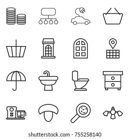 thin line icon set : coin stack, structure, electric car, basket, building, arch window, map, dry cargo, sink, toilet, nightstand, food processor, mushroom, viruses, hard reach place cleaning