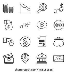 Thin line icon set : coin stack, crisis, dollar magnifier, investment, money gift, graph, message, crypto currency, hand, account balance, purse, credit card, pin, library